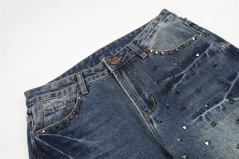 Men's Vintage Wash Wide-Leg Jeans with Metal Pyramid Studs – Retro Blue