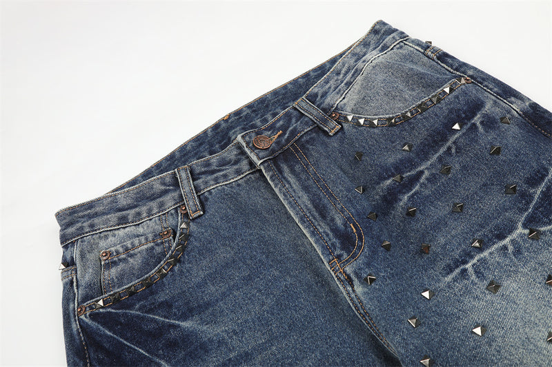Men's Vintage Wash Wide-Leg Jeans with Metal Pyramid Studs – Retro Blue