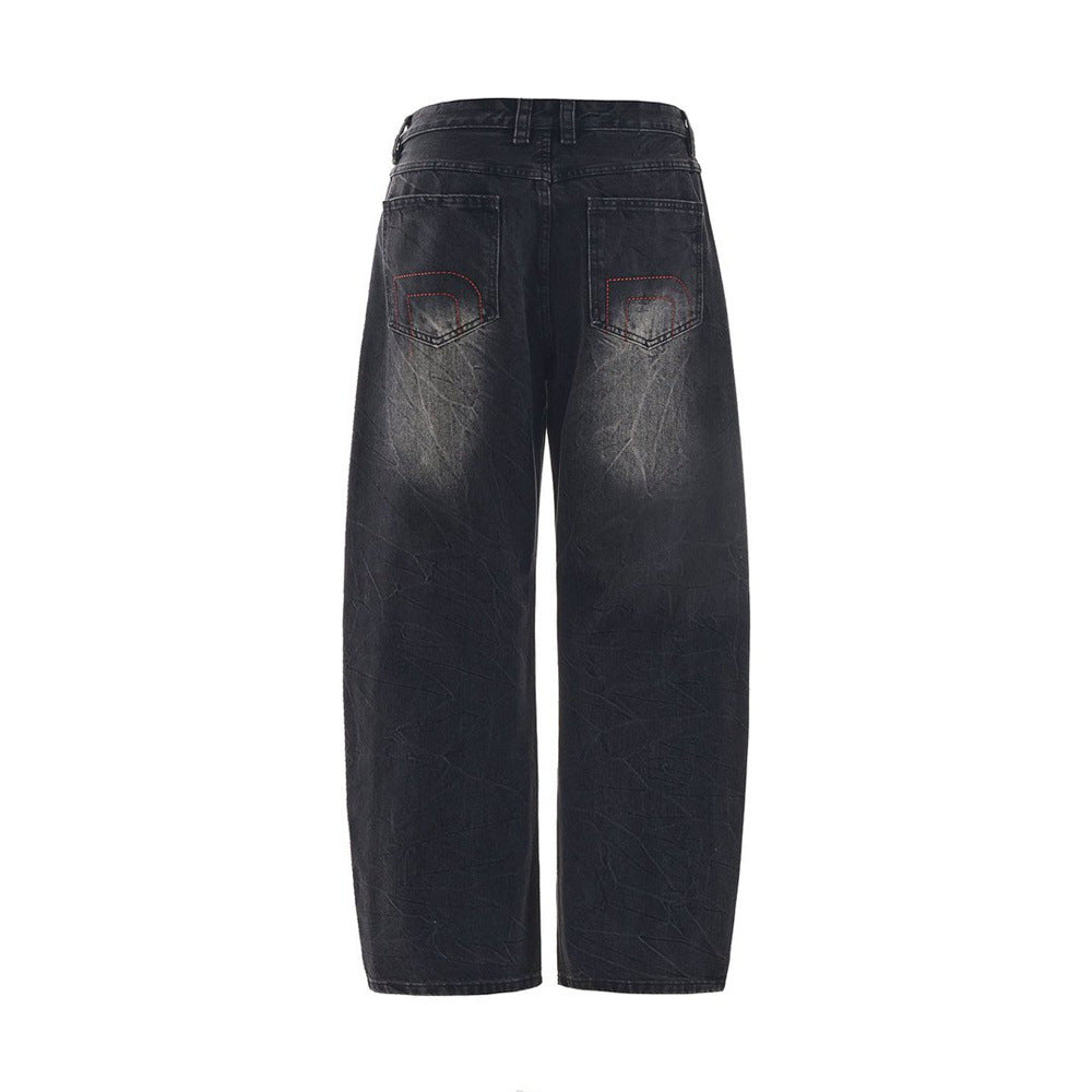 Men's Wide-Leg Baggy Jeans – Washed Black Rhinestone Embellished Denim