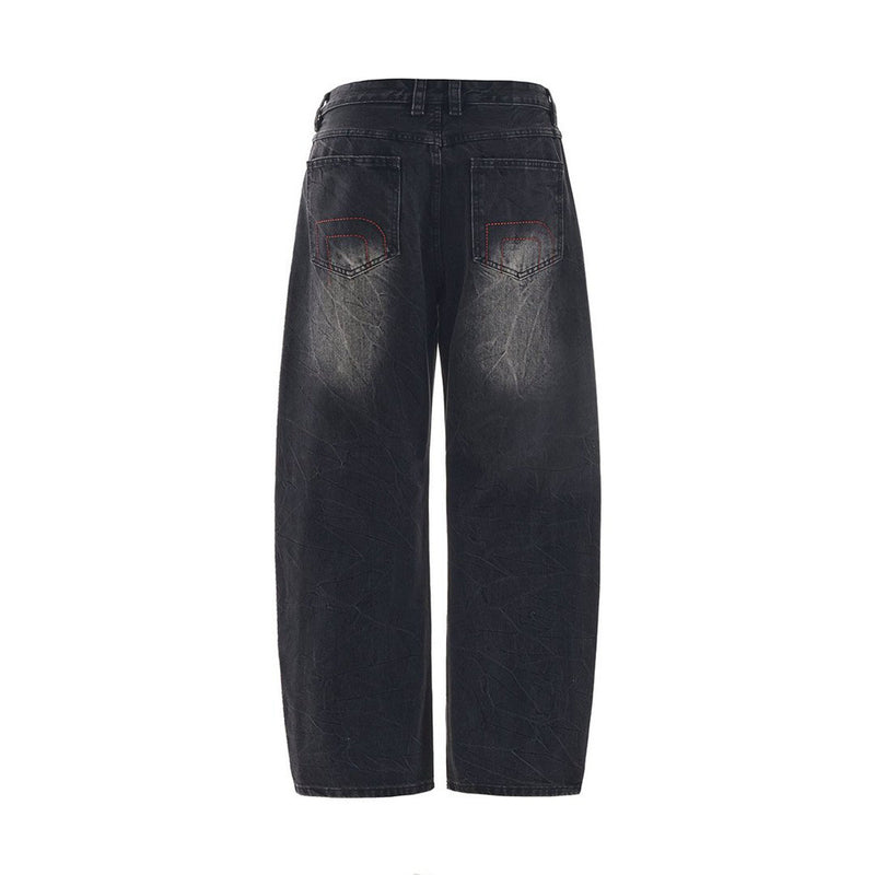 Men's Wide-Leg Baggy Jeans – Washed Black Rhinestone Embellished Denim