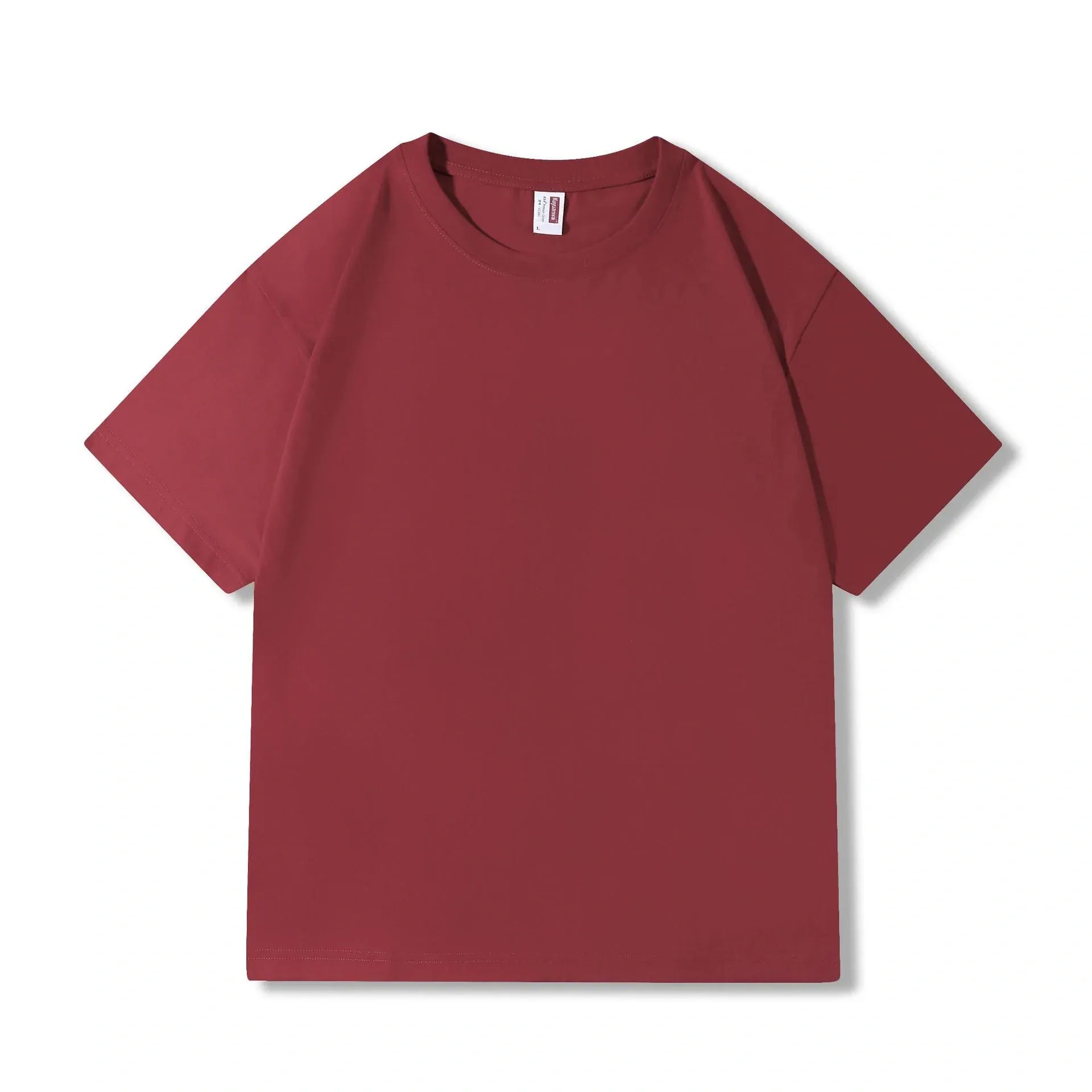 A Custom Anime Character Burgundy T-Shirt, featuring your design, made from 230GSM 100% cotton with short sleeves, is laid flat on a white background.