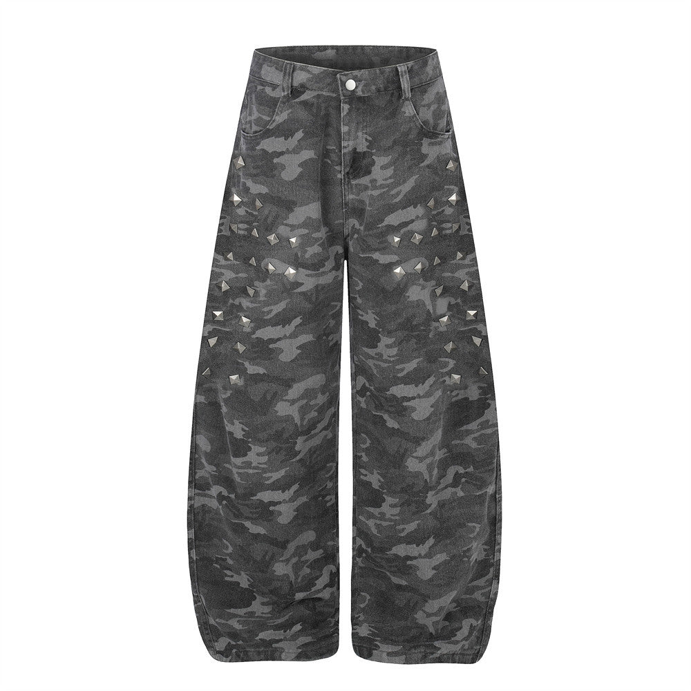 Camo Wide-Leg Jeans with Metal Studs – Punk Streetwear Barrel Fit
