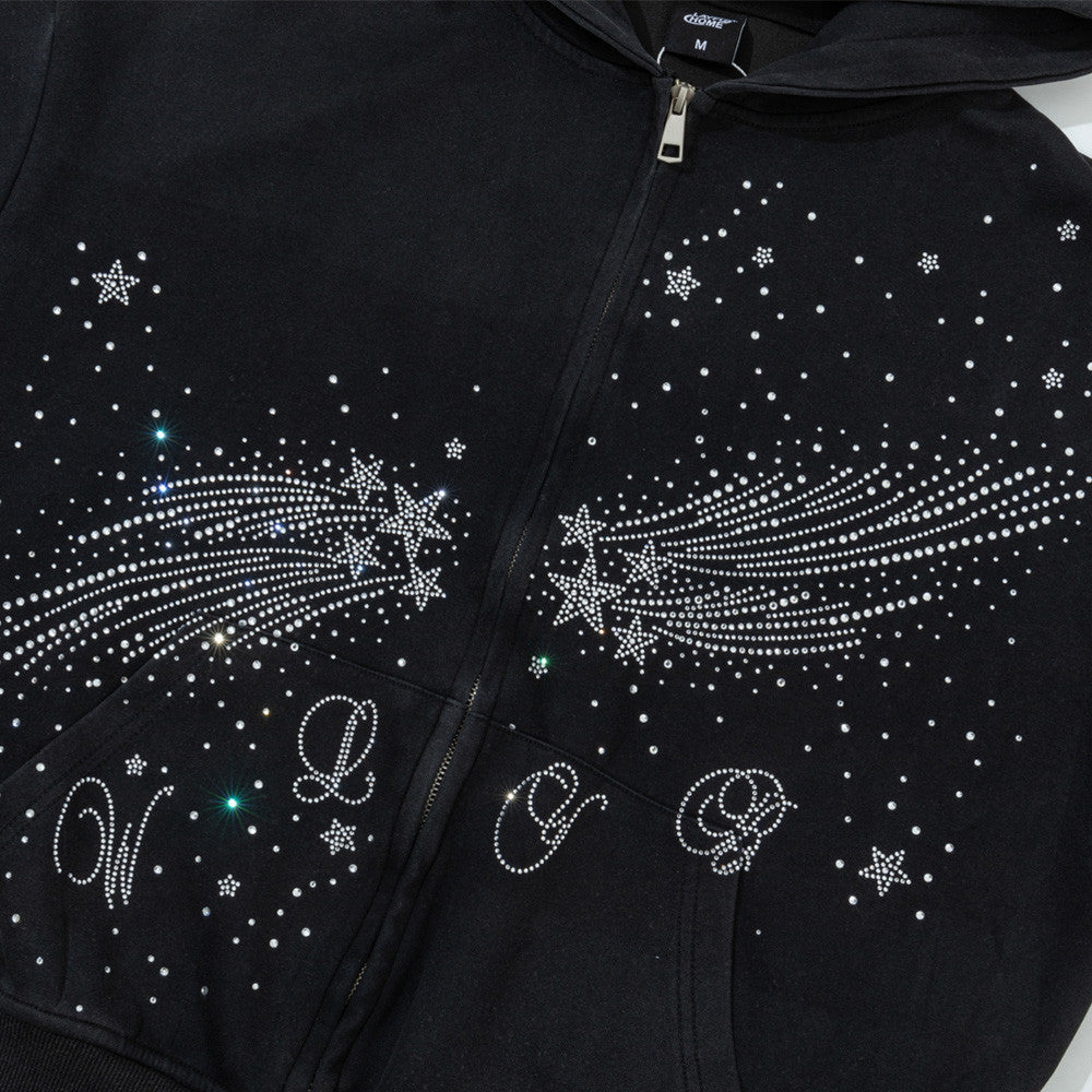 Sweat à capuche zippé avec étoile filante en strass – Streetwear oversize à double zip