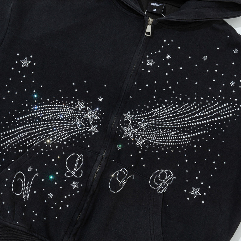 Sweat à capuche zippé avec étoile filante en strass – Streetwear oversize à double zip
