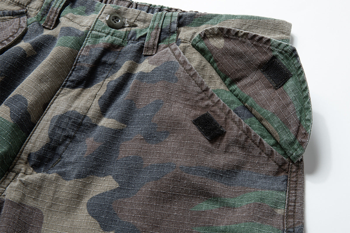 Woodland Camo Wide-Leg Cargo Pants – Washed Vintage Military Style