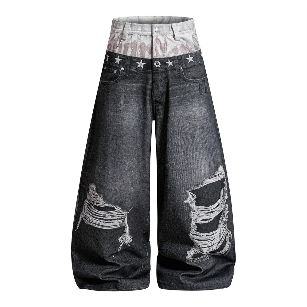 Men's wide-leg distressed dark grey jeans with faux double waistband, camo panel, and embroidered silver stars