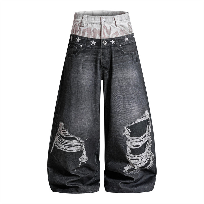 Men's wide-leg distressed dark grey jeans with faux double waistband, camo panel, and embroidered silver stars