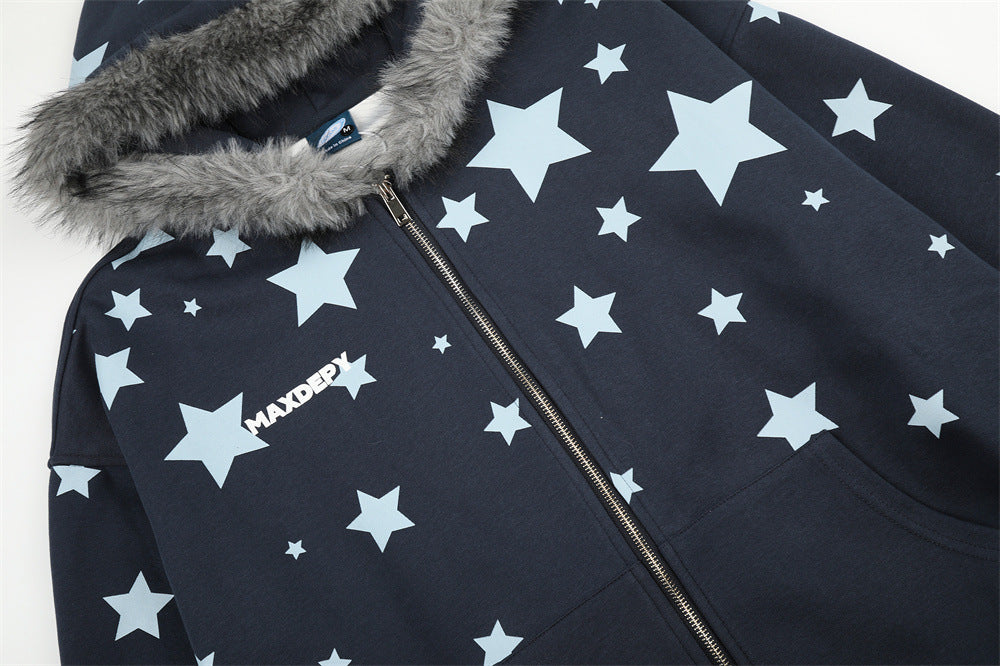 Hoodie mit Sternenprint, Reißverschluss und Kunstfellkapuze – Oversize-Streetwear-Cardigan