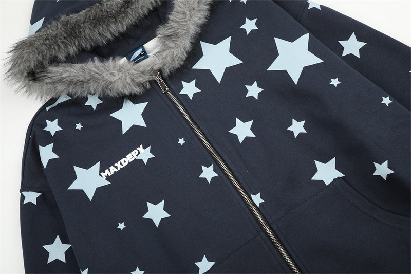 Hoodie mit Sternenprint, Reißverschluss und Kunstfellkapuze – Oversize-Streetwear-Cardigan