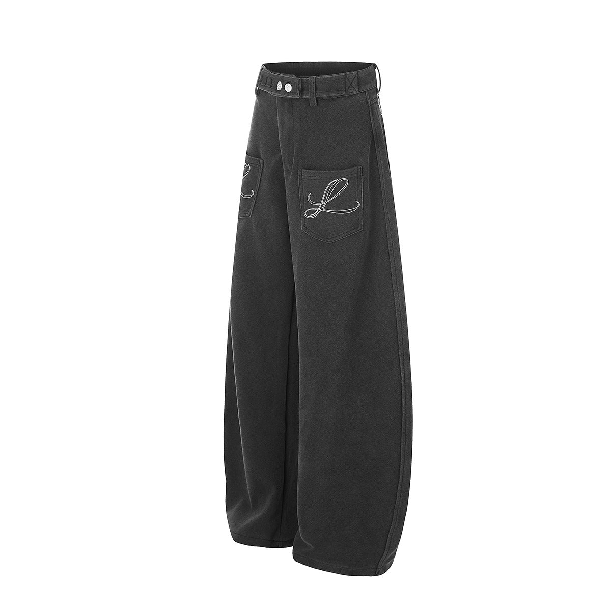 Pantalon habillé à jambes larges – Coupe baggy délavée avec poches brodées et ceinture croisée