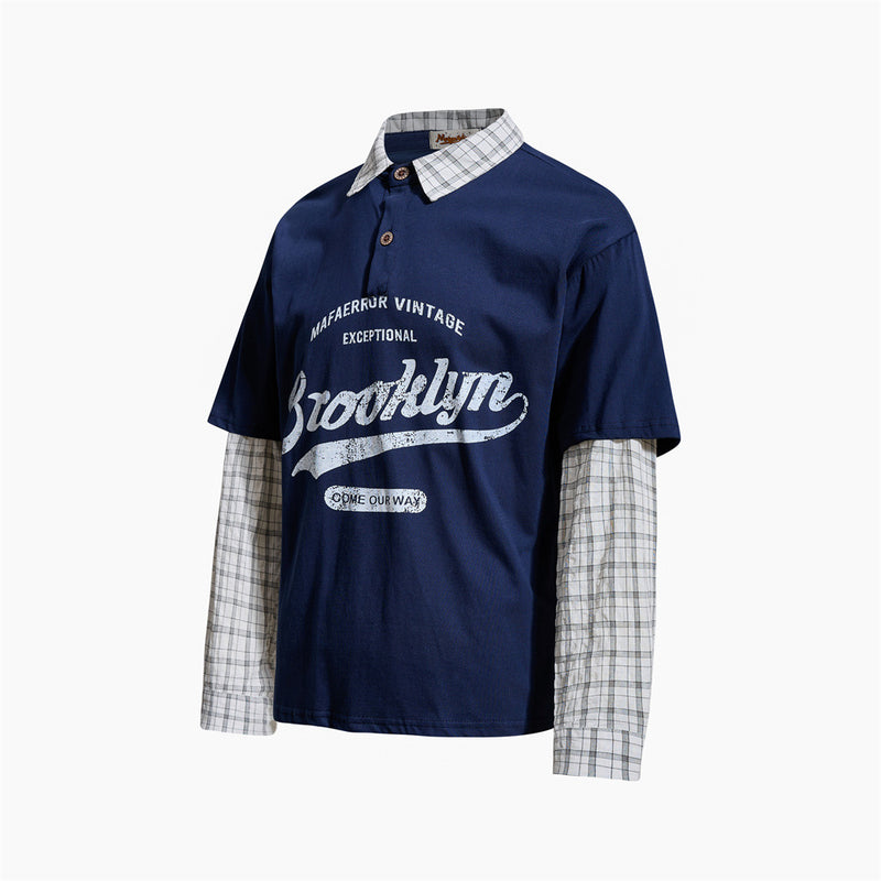 Brooklyn Vintage Layered Polo Shirt with Plaid Sleeves – Relaxed Fit