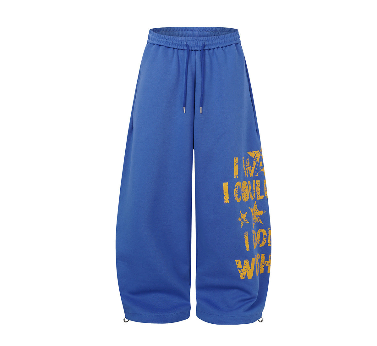 Sweatpants mit weitem Bein in Royalblau, Used-Gold-Print am Bein, elastischem Kordelzugbund und verstellbarem Saum mit Kordelstopper