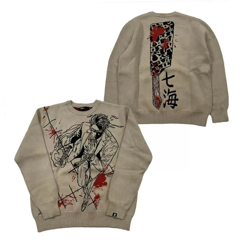 Nanami Kento Blood Splatter Anime Knit Crewneck Sweater Dark Charcoal