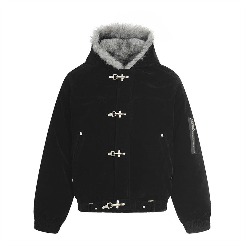 Faux Mink Fur-Trimmed Hooded Bomber Jacket with Toggle Clasps