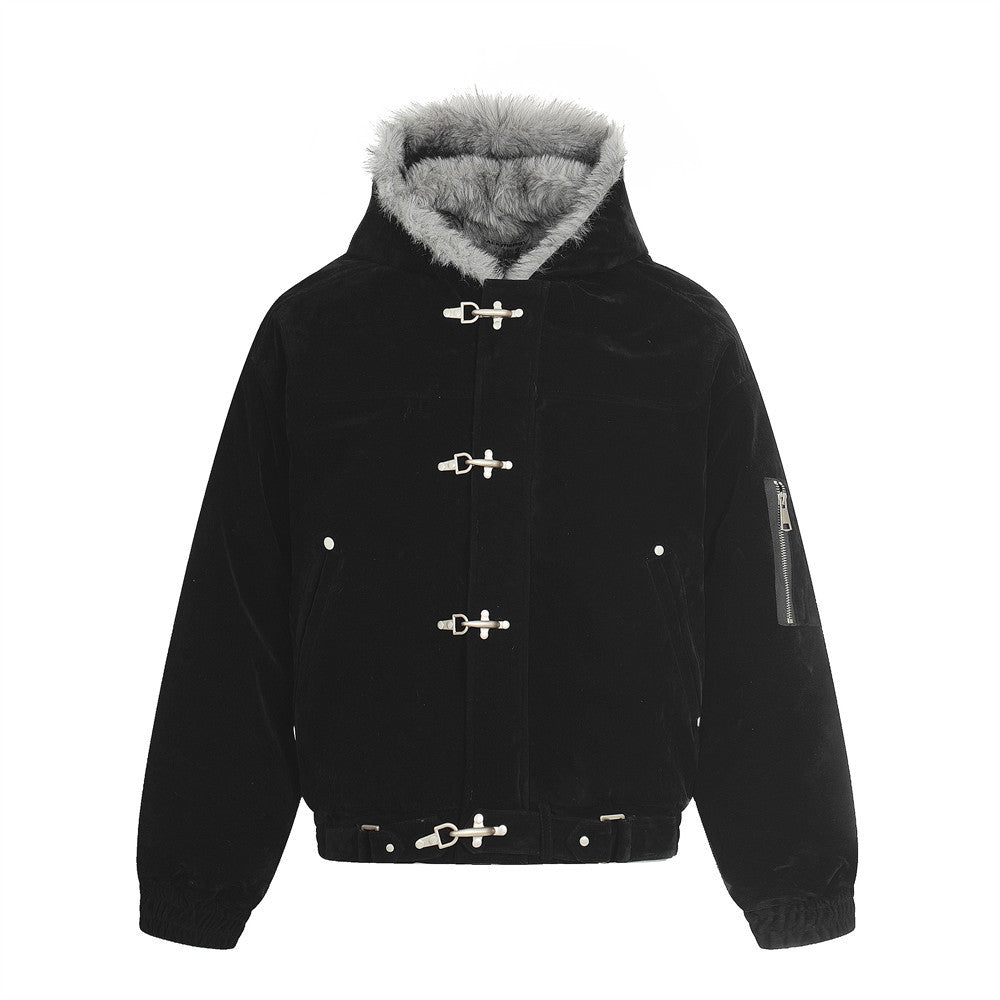 Faux Mink Fur-Trimmed Hooded Bomber Jacket with Toggle Clasps