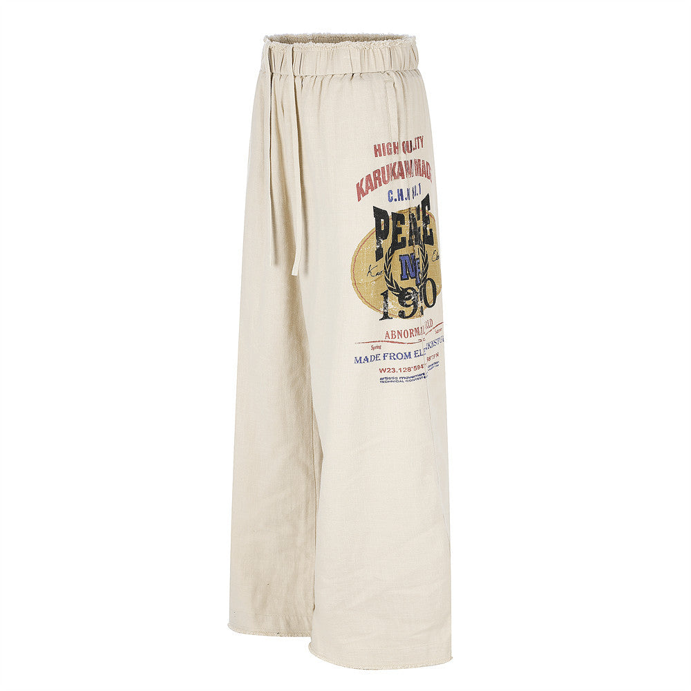 Wide-Leg Graphic Print Pants – Raw Hem Elastic Waist Straight Trousers