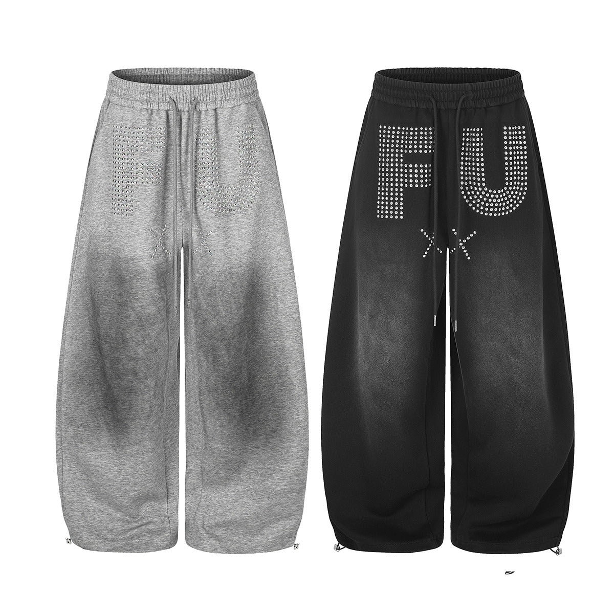 Pantalon de survêtement à jambes larges avec motif FU en strass et délavage vintage