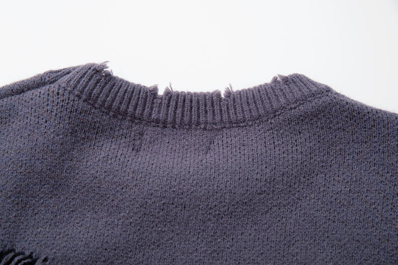 Men's Skull Jacquard Distressed Knit Sweater – Oversized Crewneck