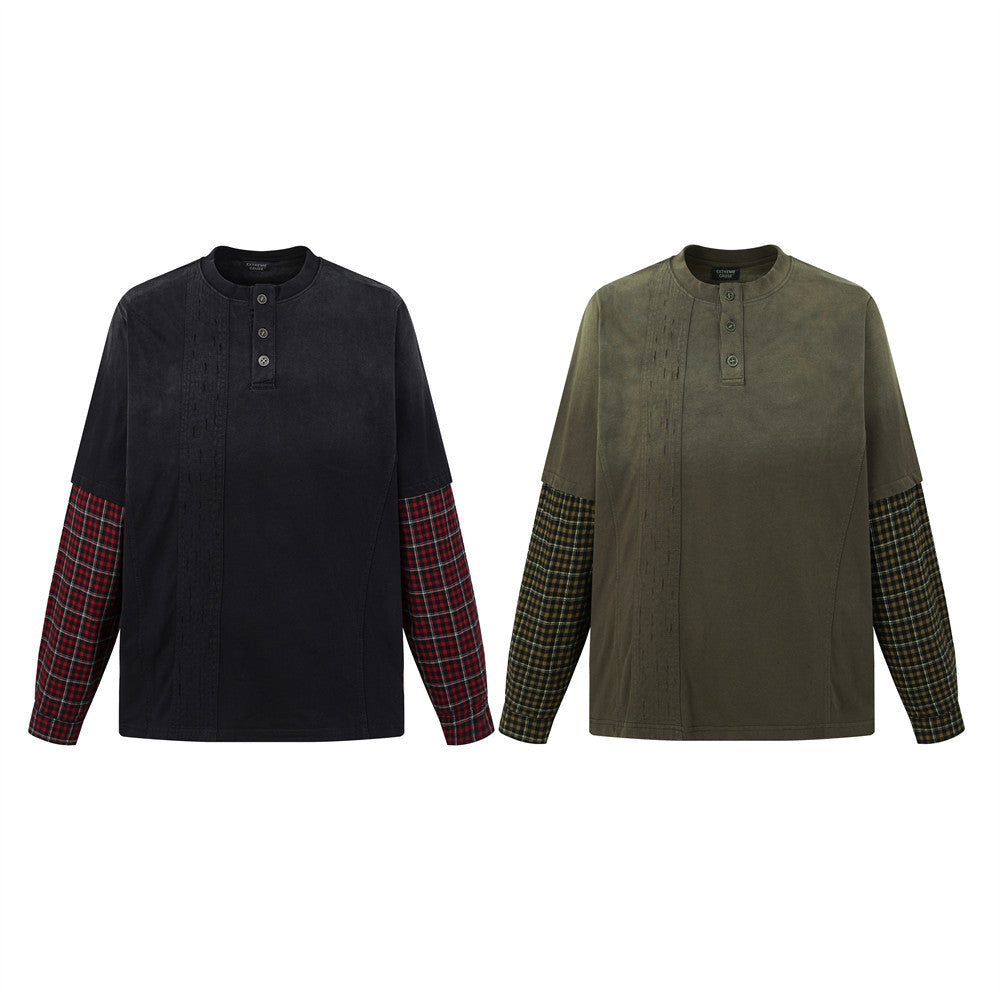 Chemise Henley manches longues patchwork à carreaux pour homme – Délavée et usée, façon