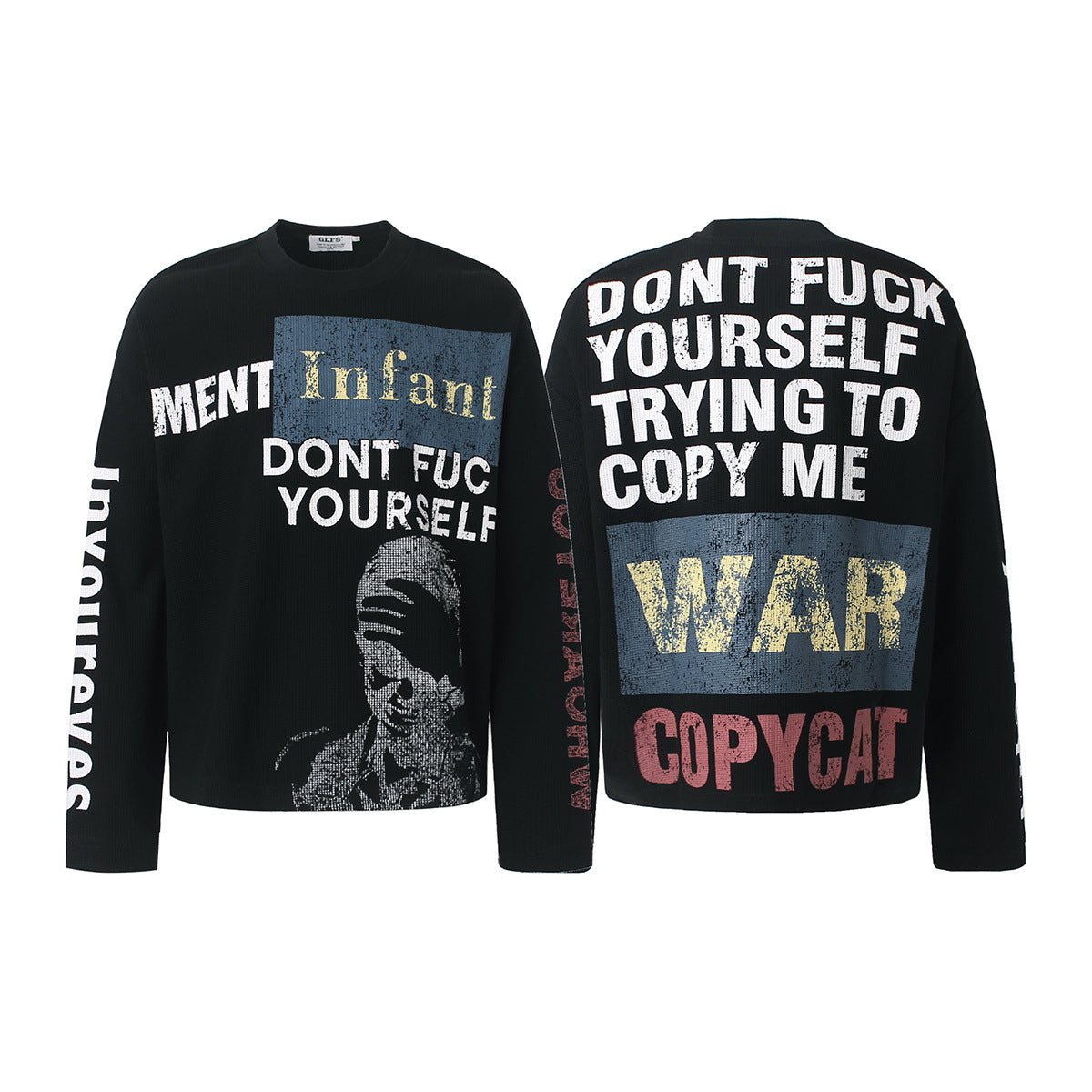 Schwarzes Longsleeve mit Graphic – Streetwear-Waffelshirt mit markantem Print