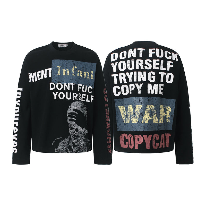 Schwarzes Longsleeve mit Graphic – Streetwear-Waffelshirt mit markantem Print