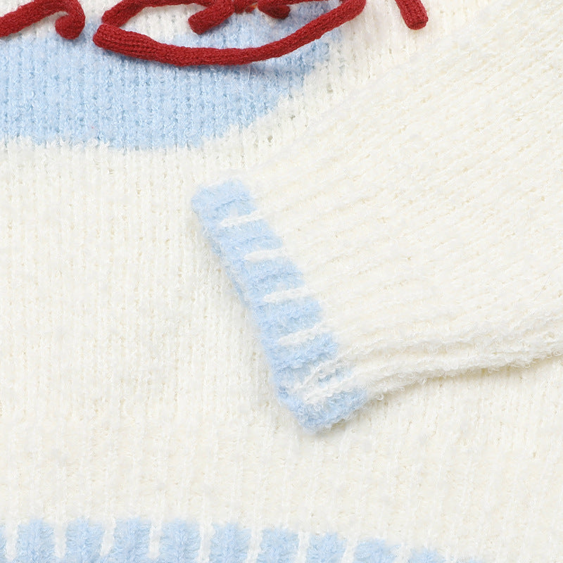 Cartoon Jacquard Crewneck Knit Sweater with Fringe Detail