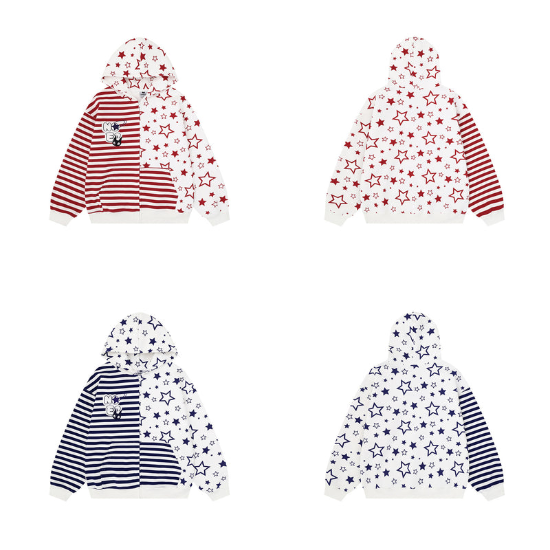 Asymmetrischer Hoodie mit Sternen- und Streifenprint – Oversized Unisex-Cardigan mit Color-Block-Design