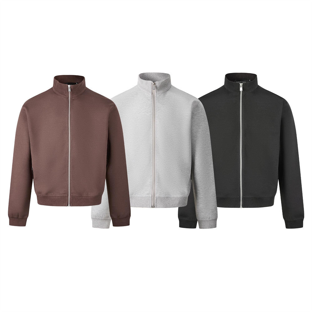 Mock neck full-zip sweatshirt jacket in brown with silver zipper and ribbed cuffs, relaxed boxy fit