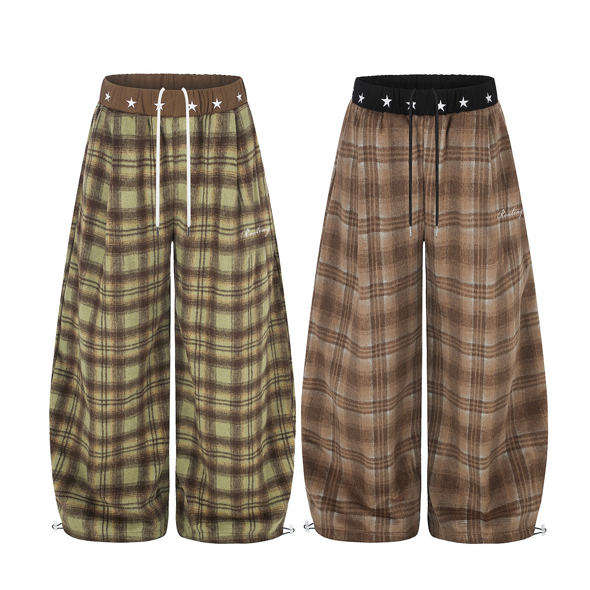 Plaid Wide-Leg Pants with Star Waistband – Oversized Retro Streetwear Trousers