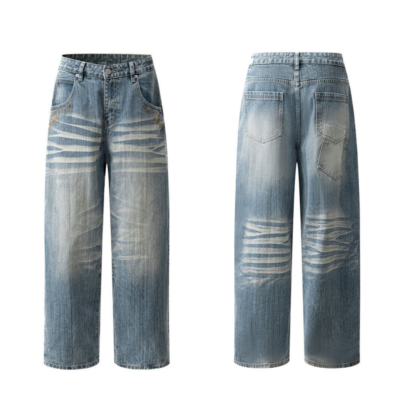Light Blue Baggy Jeans Men – Vintage Wash Wide-Leg Denim with Punk Embroidery