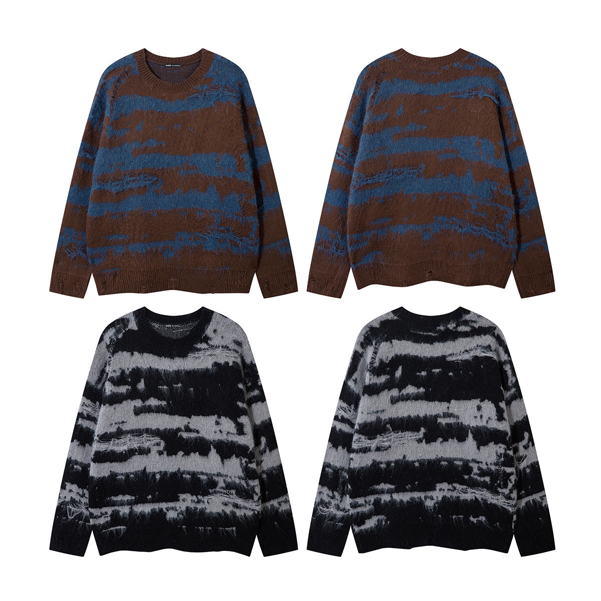 Four distressed stripe jacquard knit sweaters showing front and back views in brown-blue and black-gray colorways