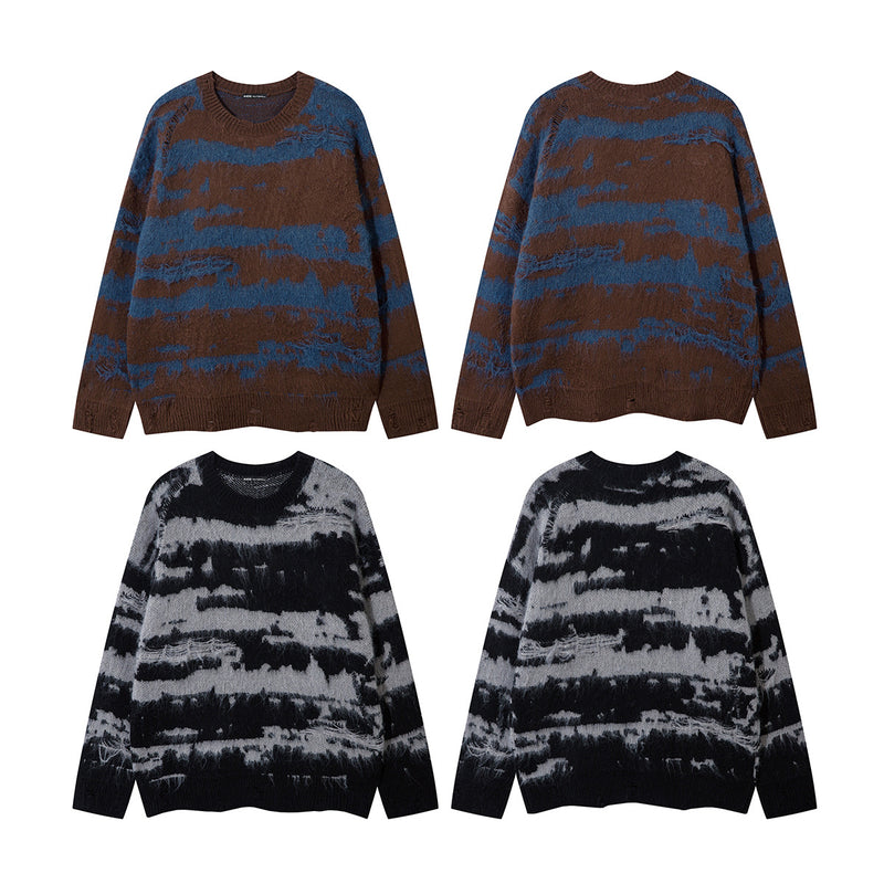 Four distressed stripe jacquard knit sweaters showing front and back views in brown-blue and black-gray colorways