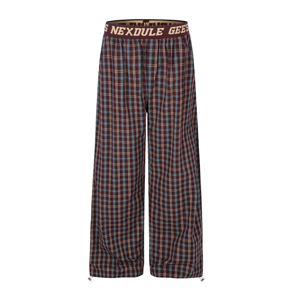 American Streetwear Plaid Wide-Leg Pants – Elastic Waistband Relaxed Fit