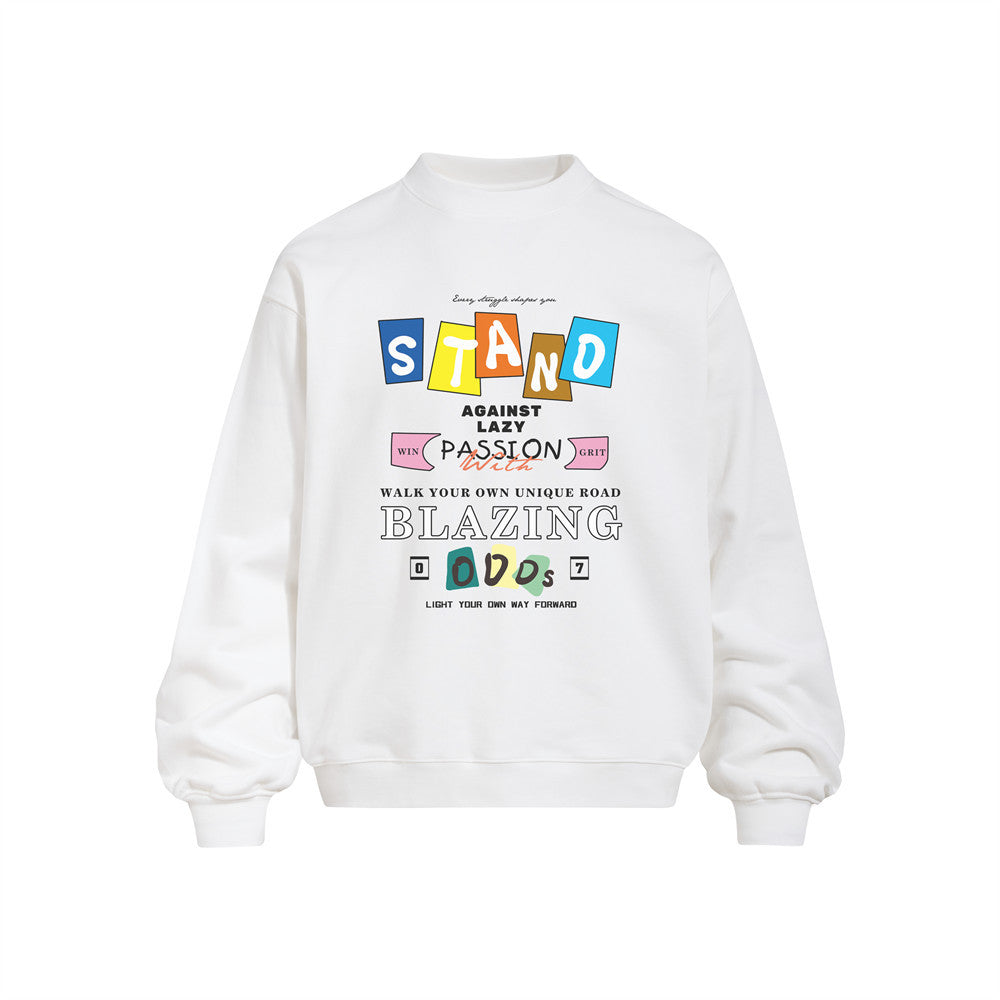 Oversized graphic print crew neck sweatshirt with colorful Stand Blazing Odds collage design in white, cream, and heather gra