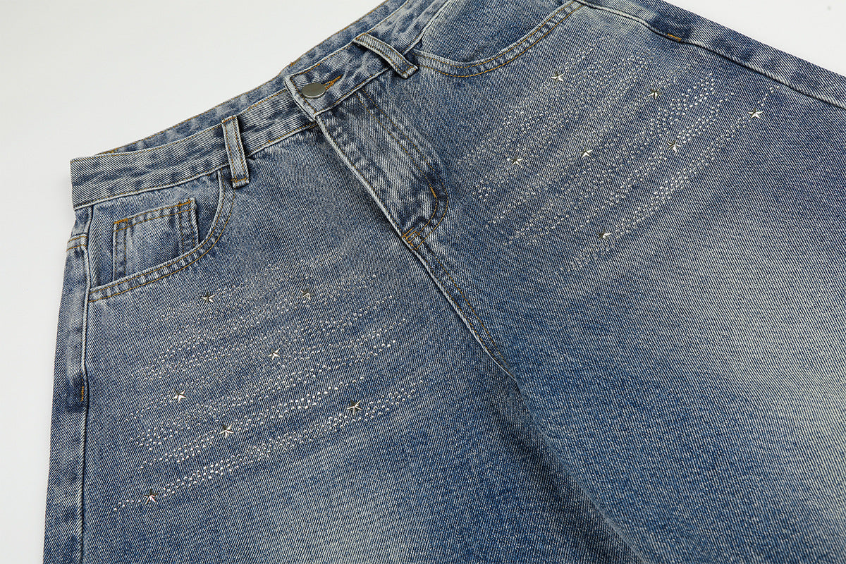 Jean baggy taille haute – Denim barrel à jambes larges avec étoiles en strass