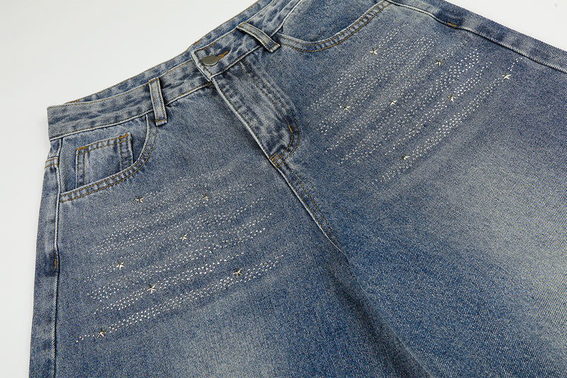 Jean baggy taille haute – Denim barrel à jambes larges avec étoiles en strass
