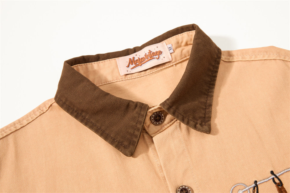 Herren-Langarmshirt mit Cartoon-Katzenstickerei – lässige Passform, Kontrastkragen
