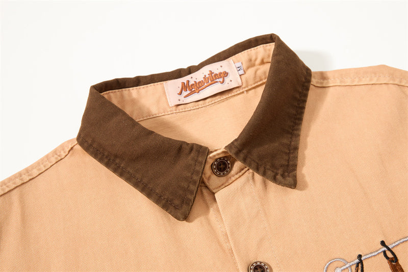 Herren-Langarmshirt mit Cartoon-Katzenstickerei – lässige Passform, Kontrastkragen