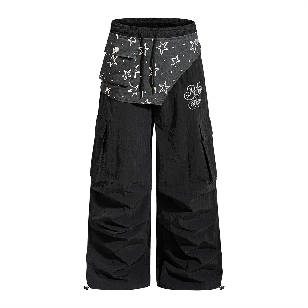 Black wide-leg cargo sweatpants with star-print bandana waistband overlay and multiple cargo pockets, front and back view