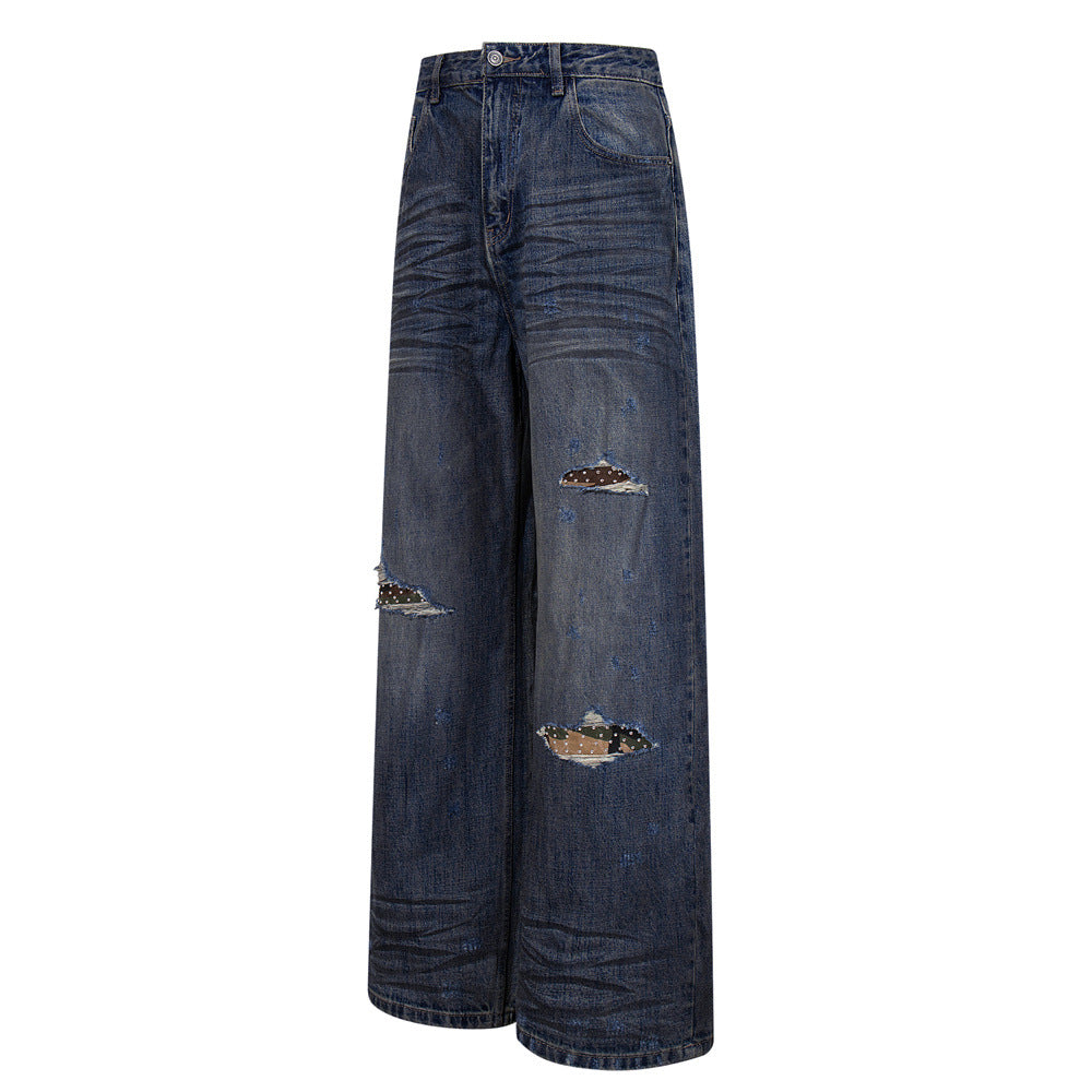 Wide-Leg Ripped Jeans – Vintage Washed Distressed Denim with Studded Patches