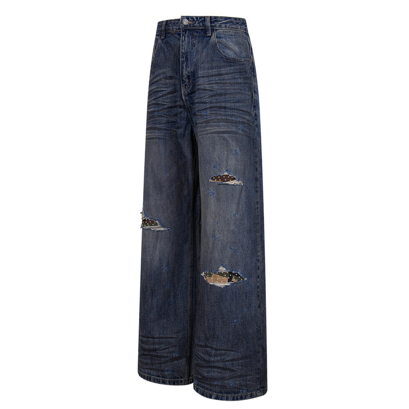 Wide-Leg Ripped Jeans – Vintage Washed Distressed Denim with Studded Patches