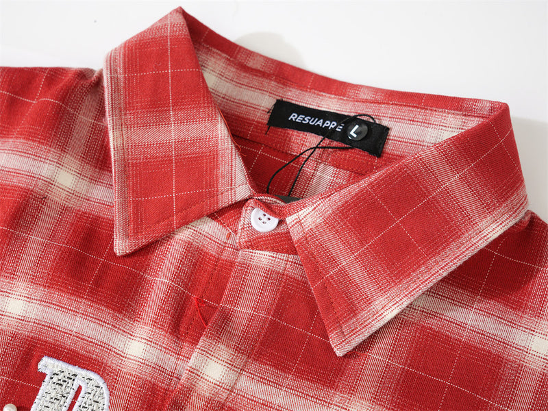 Plaid Short-Sleeve Shirt with Embroidered Letter Patch & Pearl Studs