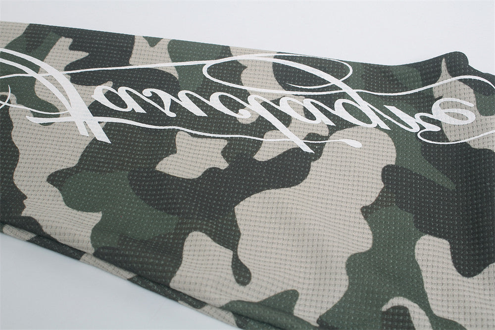 Long Sleeve Waffle Knit Shirt – Camo Raglan Sleeves & Graphic Print