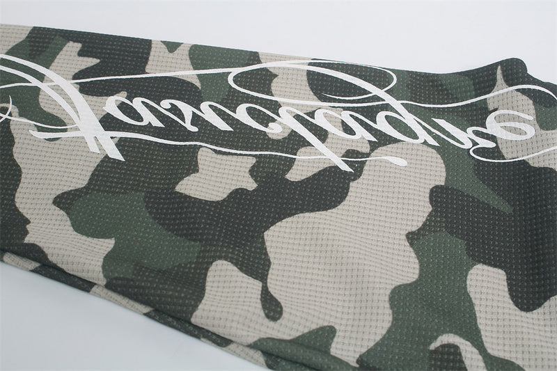 Long Sleeve Waffle Knit Shirt – Camo Raglan Sleeves & Graphic Print