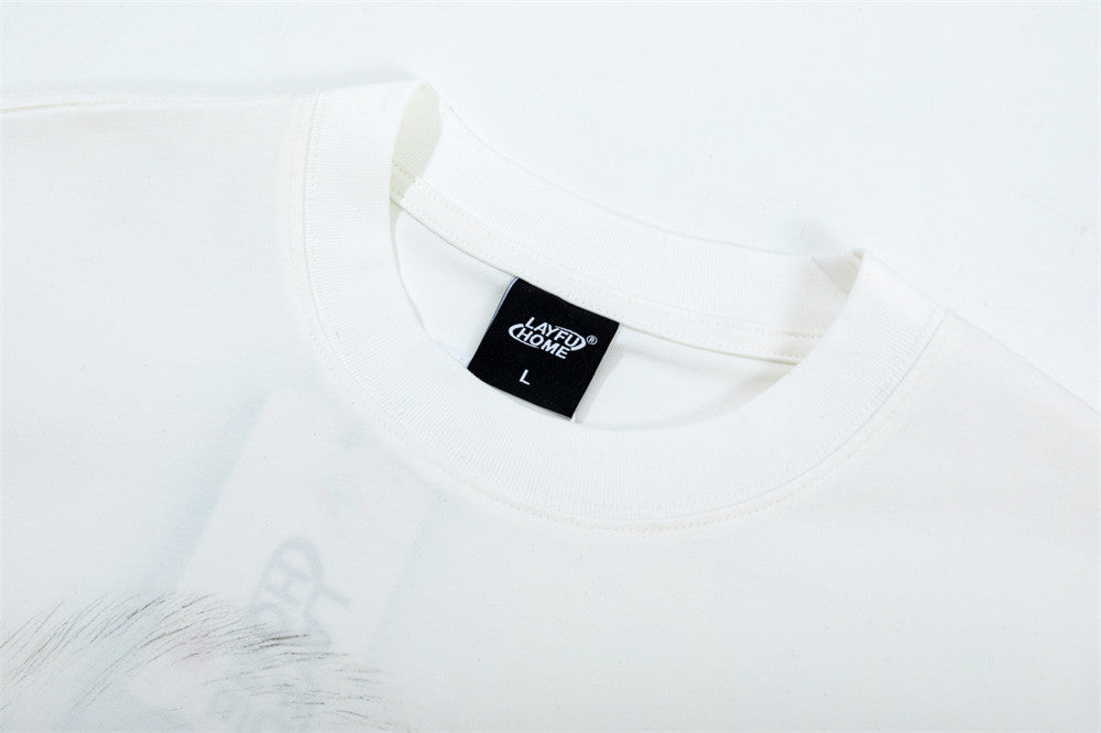 Monskiski Cat Graphic Crew Neck T-Shirt – 3D Sketch Print Short Sleeve Tee