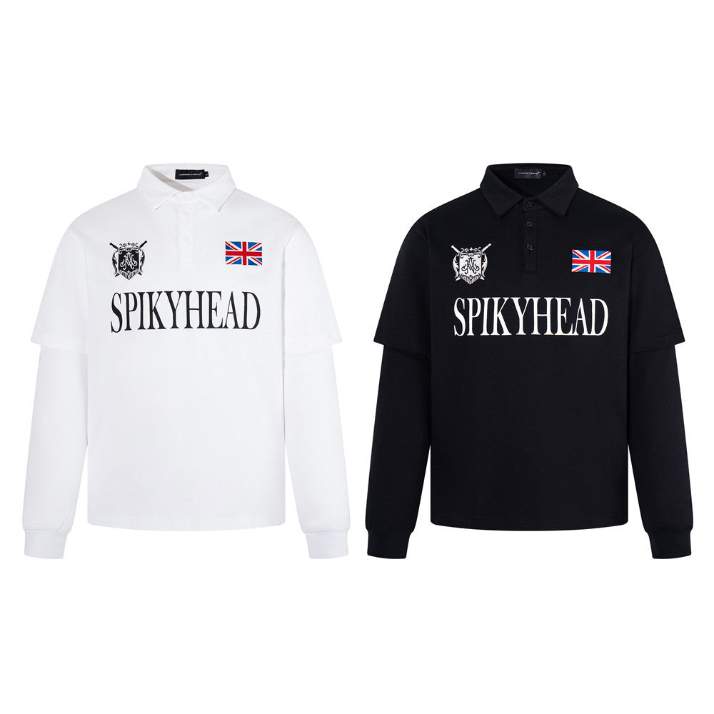 Spikyhead oversized faux two-piece long sleeve polo shirt with Union Jack patch and heraldic crest graphic in black and white