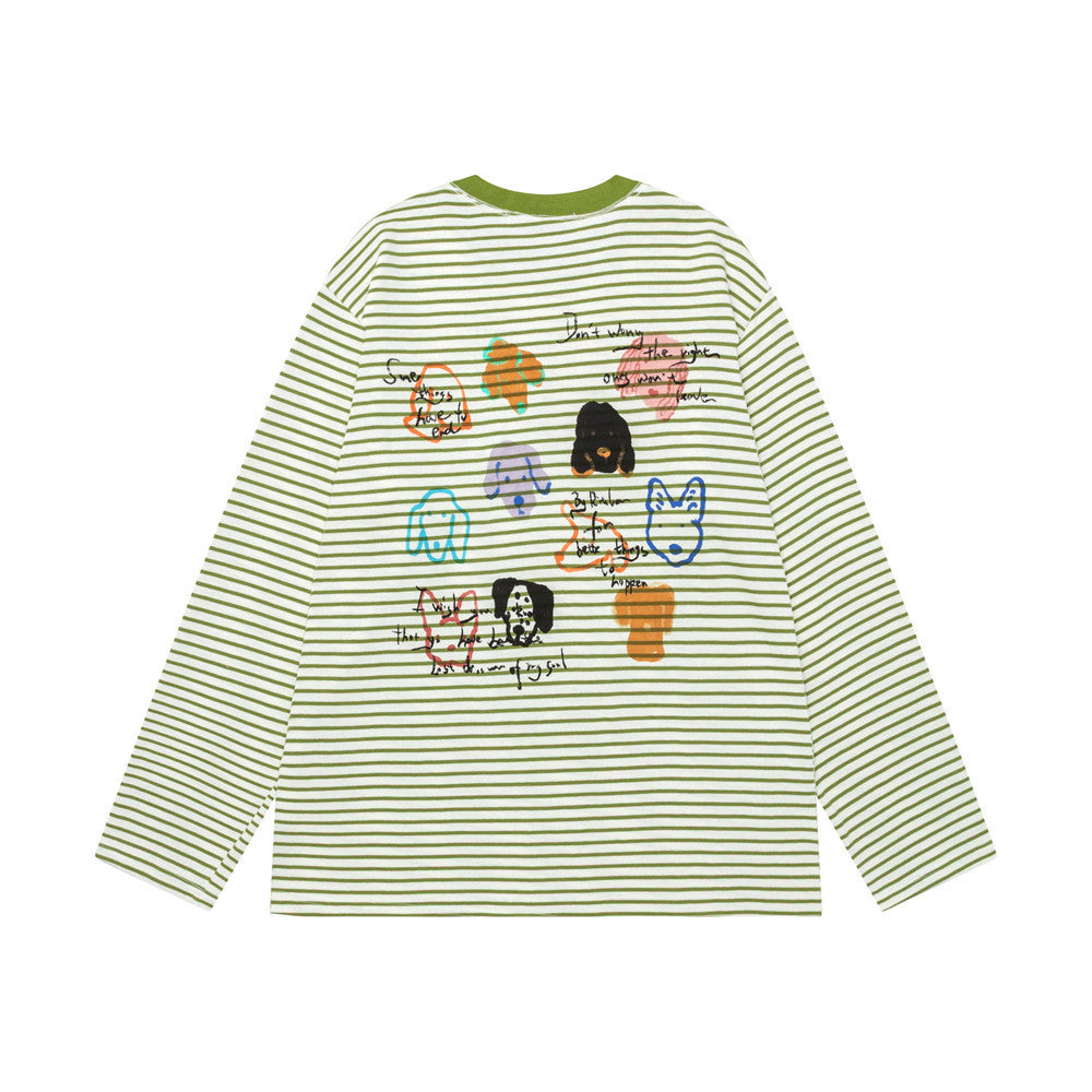 Camiseta de manga larga a rayas con estampado gráfico de perro, corte relajado