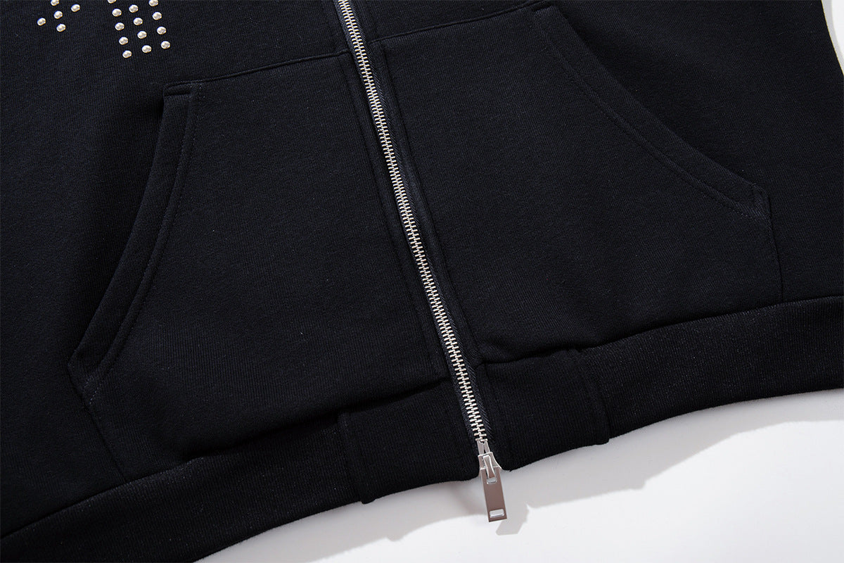 Black Zip-Up Hoodie with Faux Fur Hood & Silver Cross Studs