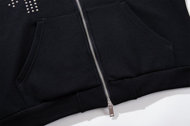 Black Zip-Up Hoodie with Faux Fur Hood & Silver Cross Studs