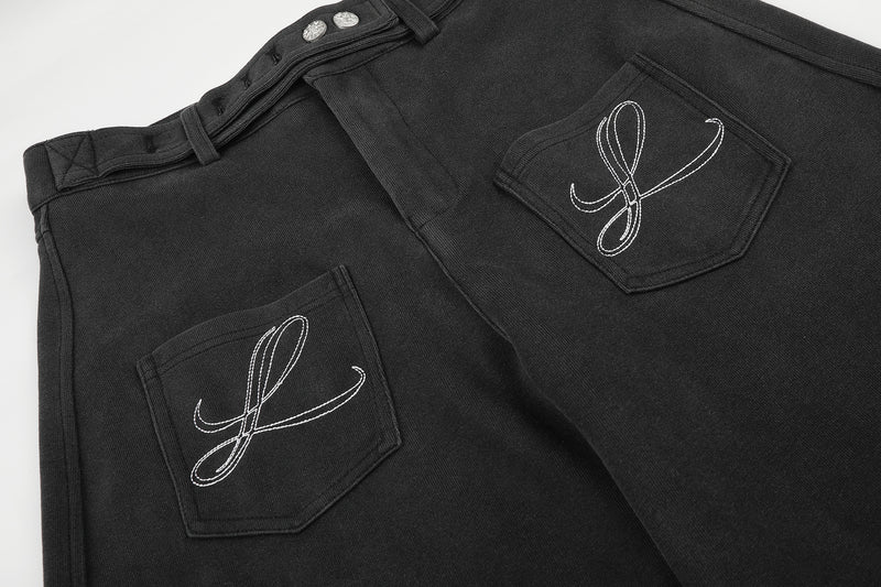 Pantalon habillé à jambes larges – Coupe baggy délavée avec poches brodées et ceinture croisée